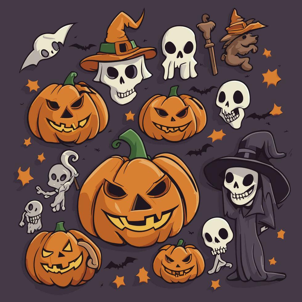 Halloween grafico elementi - zucche, fantasmi, zombie, gufo, gatto, caramella e altri. mano disegnato impostare. vettore illustrazione