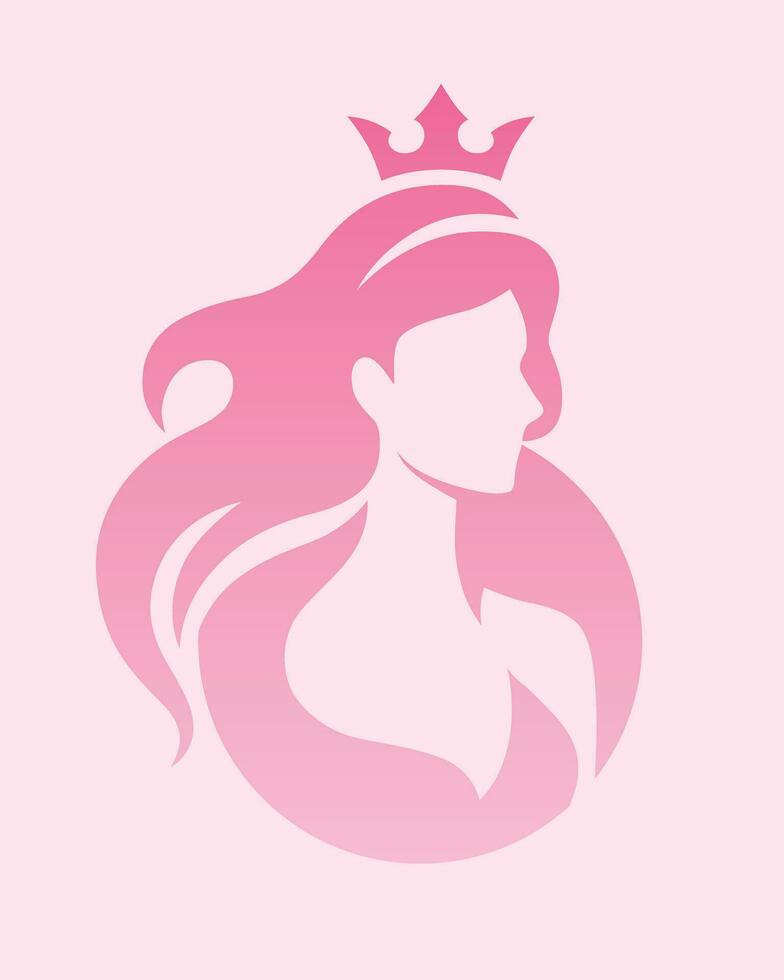 elegante lusso Barbie rosa logo con bellissimo viso di giovane adulto donna con lungo capelli. Principessa, Regina, corona. sexy simbolo silhouette di testa e testo lettering vettore