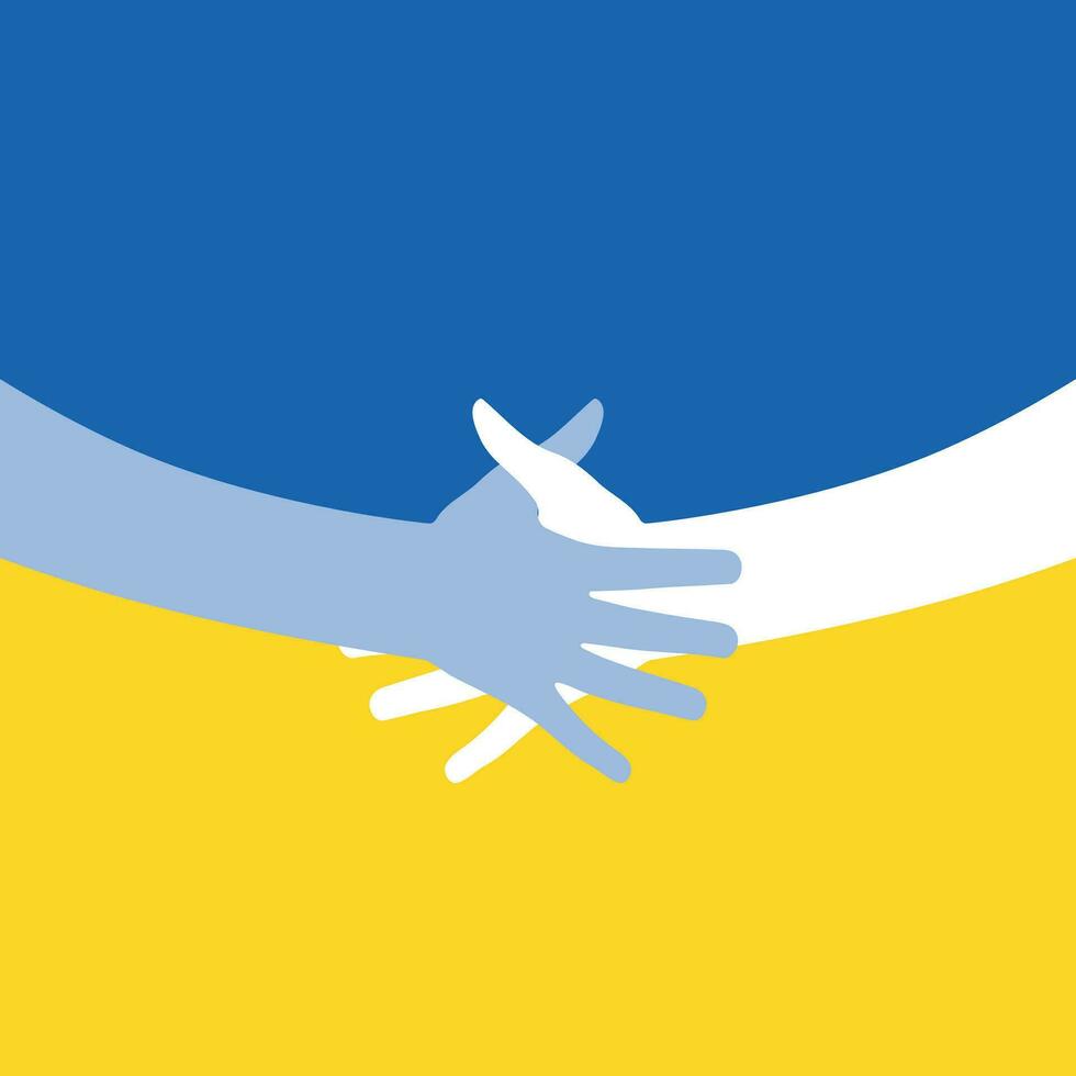 supporto Ucraina. aiuto, Salva, pregare per. Due mani colori di Ucraina bandiera. fermare guerra. blu e giallo. vettore