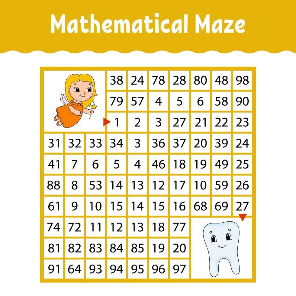 labirinto matematico. gioco per bambini. labirinto divertente. foglio di lavoro per lo sviluppo dell'istruzione. pagina delle attività. puzzle per bambini. stile cartone animato. indovinello per la scuola materna. illustrazione vettoriale a colori