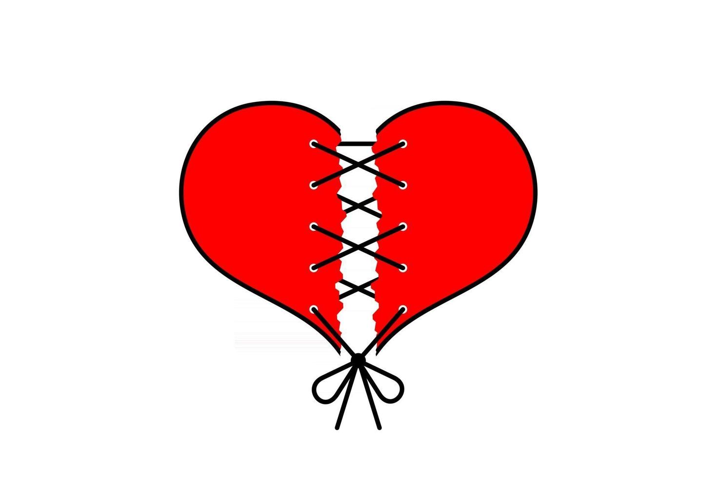 cuore rosso strappato come amore spezzato cucito con filo nero su sfondo bianco. carta vettoriale per San Valentino.