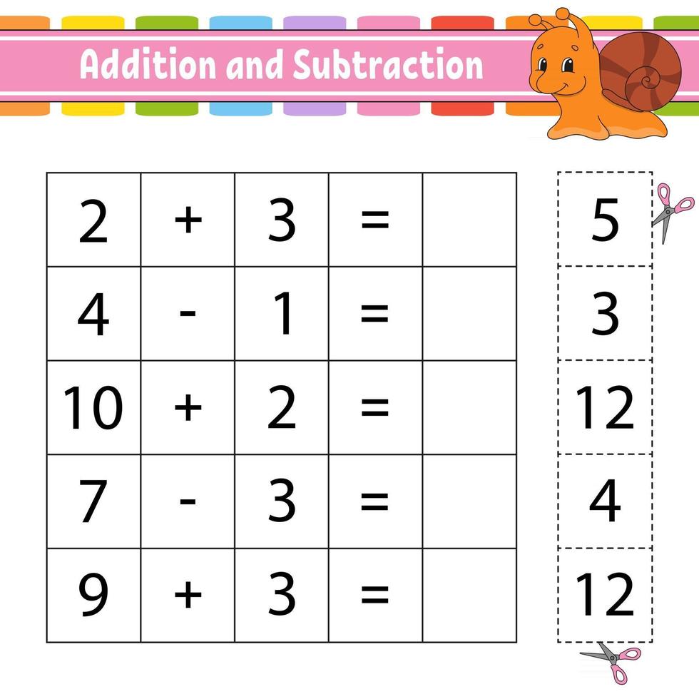 addizione e sottrazione. compito per i bambini. foglio di lavoro per lo sviluppo dell'istruzione. pagina delle attività. gioco per bambini. personaggio divertente. illustrazione vettoriale isolato. stile cartone animato.