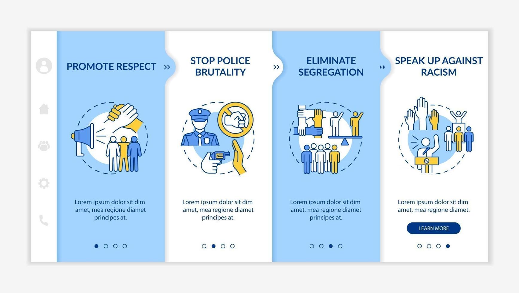 modello di vettore di onboarding impegno anti-razzismo. sito mobile reattivo con icone. pagina web passo passo 4 schermate. fermare il concetto di colore della brutalità della polizia con illustrazioni lineari