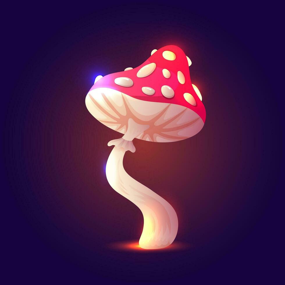 Fata fantasia cartone animato fungo con escrescenza su buio blu sfondo. vettore volare agarico, fantastico raggiante mistico berretto e neon leggero incandescenza. un' Bellissima, misterioso etichetta. moderno colori e Linee.