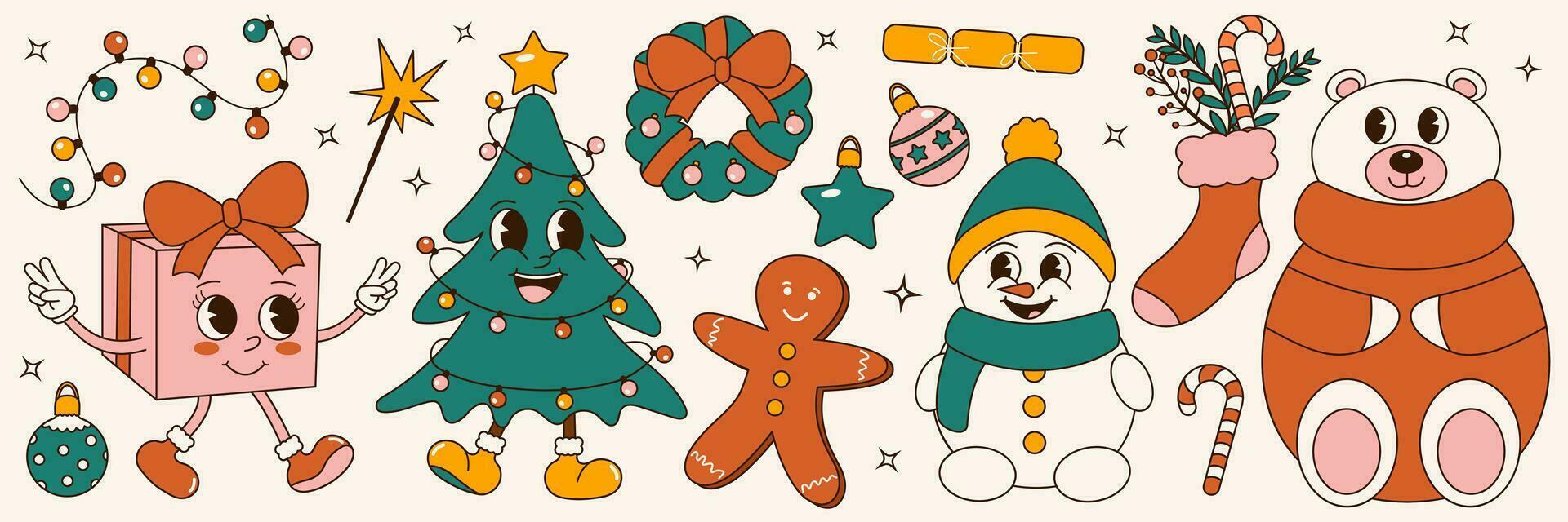 Groovy 70s Natale etichetta impostare. di moda retrò cartone animato stile. comico cartone animato personaggi e elementi. Natale albero, orso, pupazzo di neve, Pan di zenzero, regalo vettore