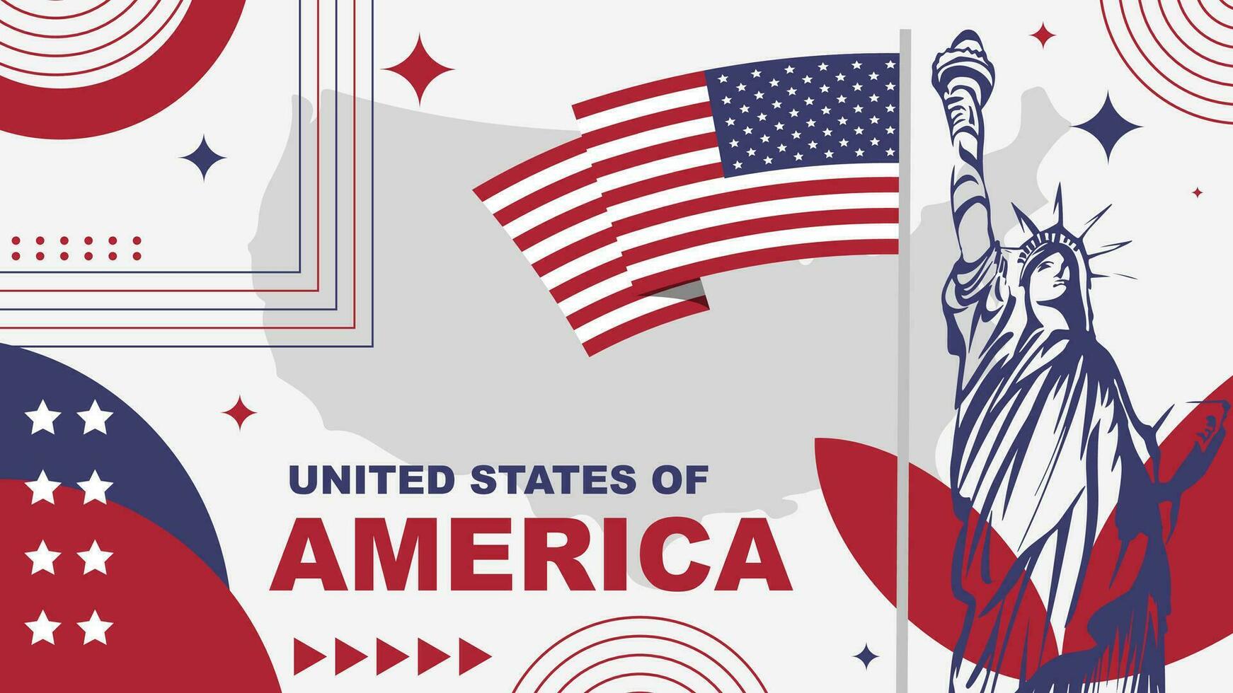 unito stati di America nazionale vacanza o americano indipendenza giorno, design sfondo bandiera con statua di libertà, carta geografica e americano bandiera nel moderno retrò stile vettore