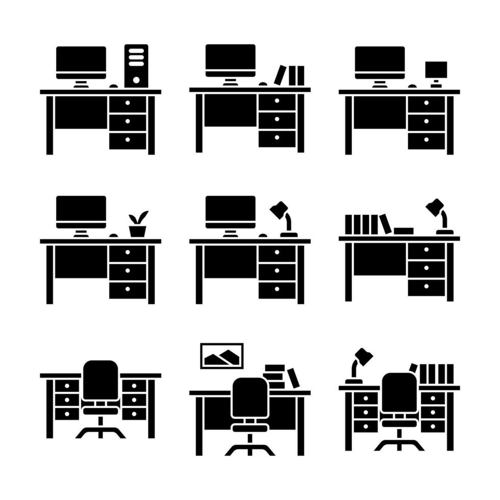 di legno ufficio scrivania tavolo mobilia glifo icona impostato vettore
