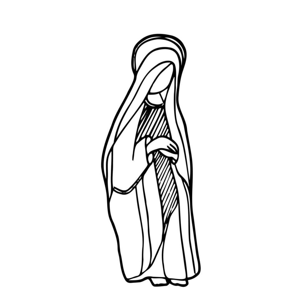 isolato vettore illustrazione. santo vergine Maria. seduta Madonna. mano disegnato lineare scarabocchio schizzo. nero silhouette su bianca sfondo.