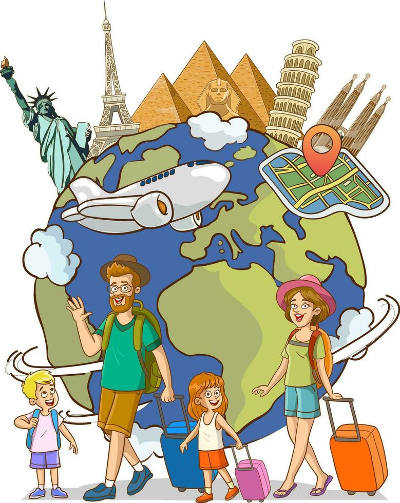 famiglia vacanze viaggio vettore illustrazione.aereo volante al di sopra di il mondo isolato su bianca sfondo. viaggio concetto. vettore azione