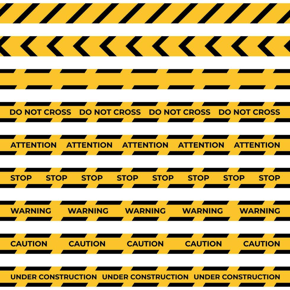 avvertimento nastro impostare. orizzontale senza soluzione di continuità frontiere. nero e giallo linea a strisce. vettore illustrazione