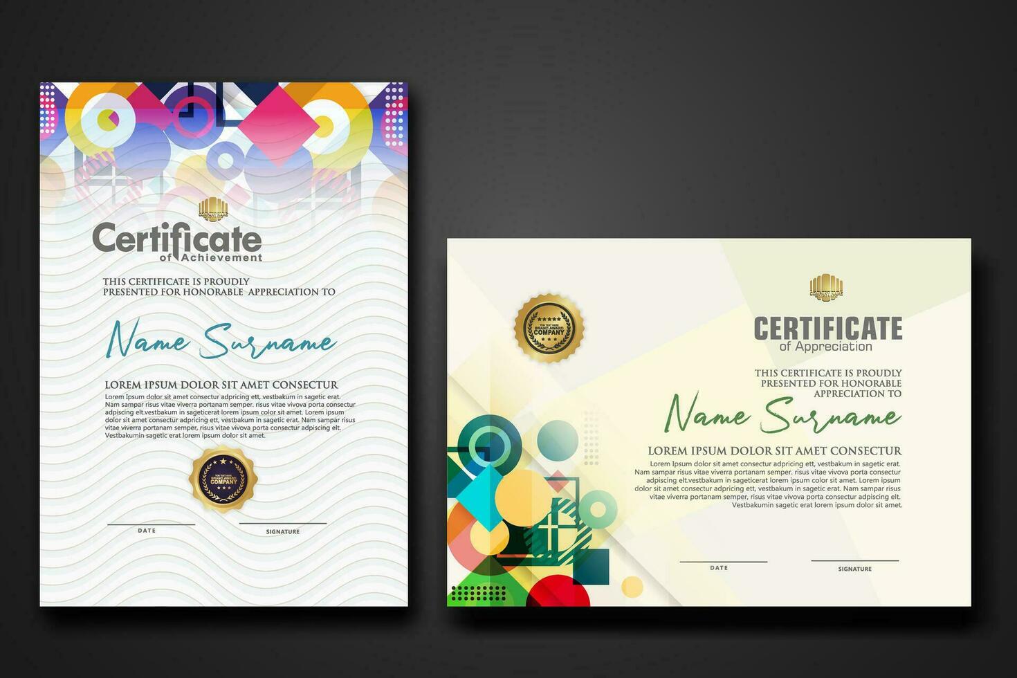 moderno certificato modello con dinamico colore su geometrico forma ornamento vettore