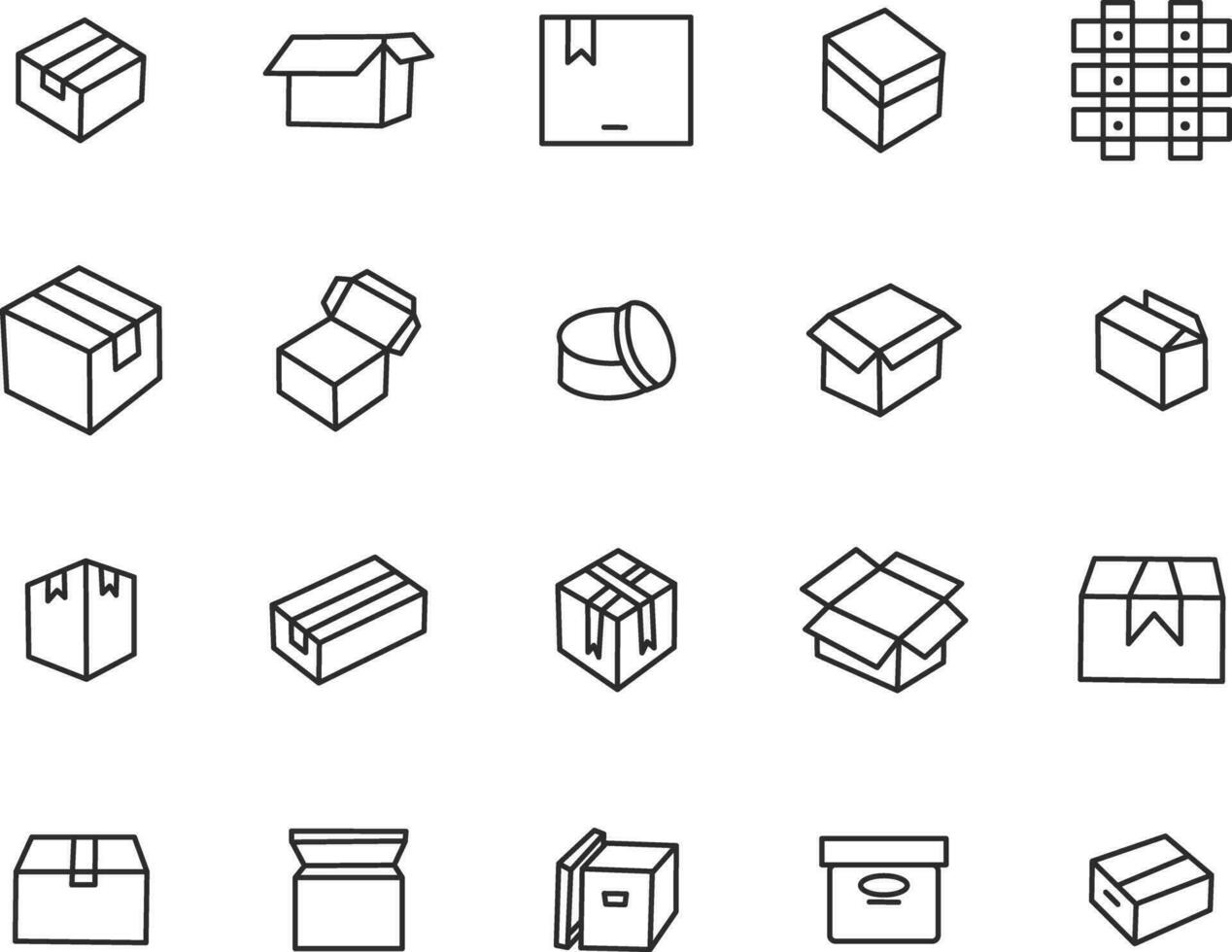 scatola icone impostare. collezione di lineare semplice ragnatela icone come come cartone scatole per pacchi, di legno scatole, montatura per invio. vettore