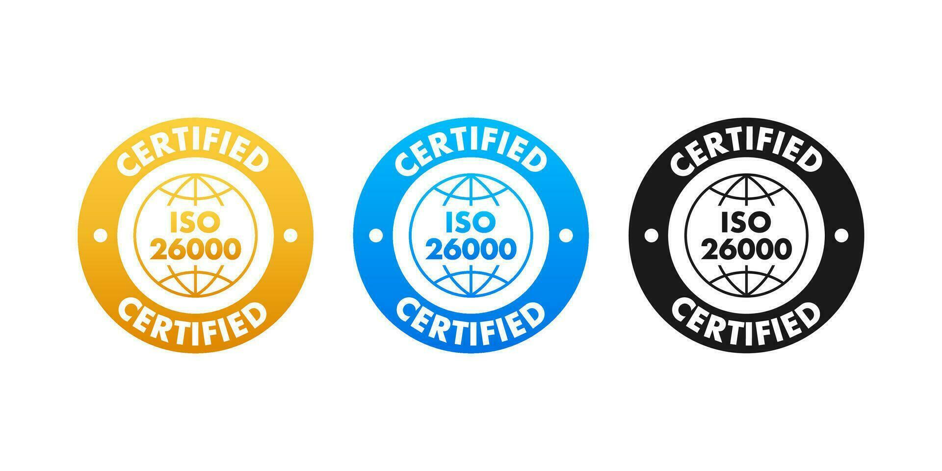 iso 26000 certificato distintivo, icona. certificazione francobollo. piatto design vettore illustrazione.