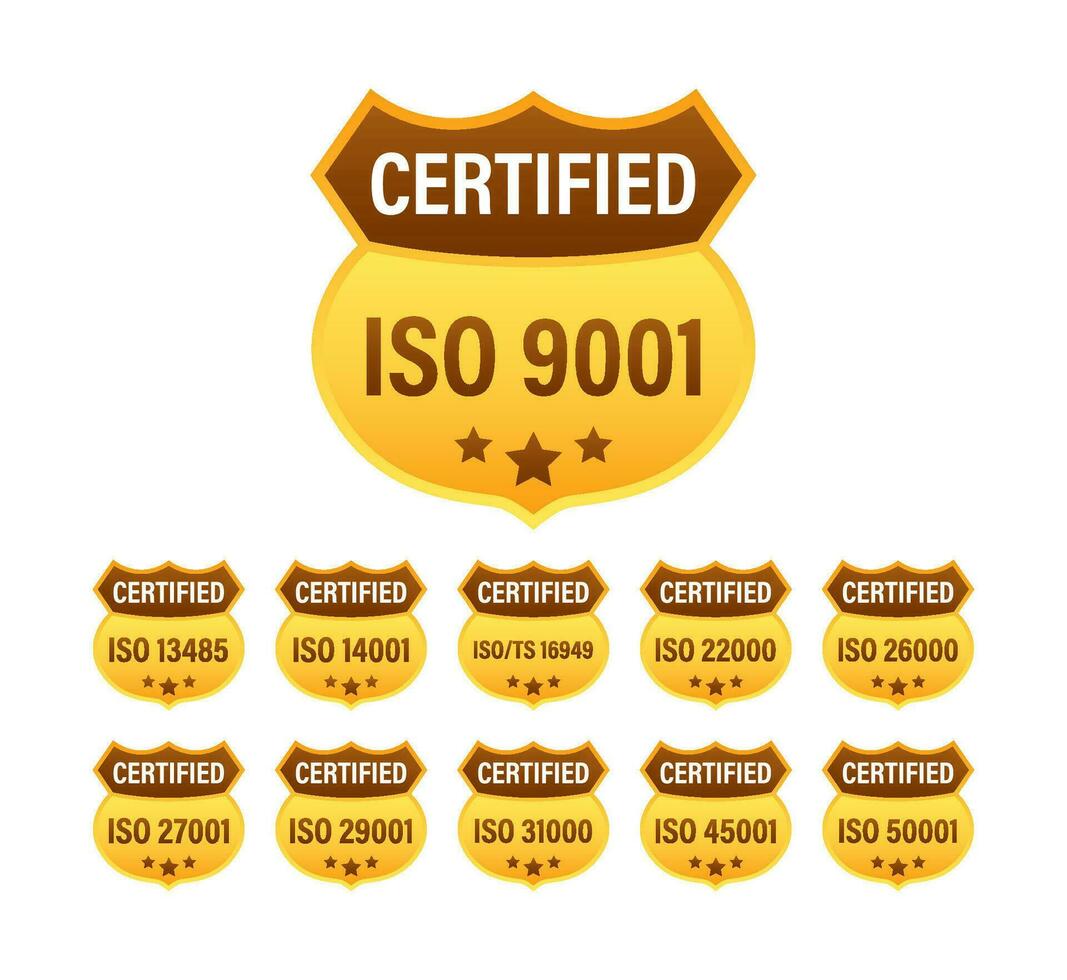 impostato di iso certificazione francobollo e etichette. iso certificato distintivo. informazione sicurezza gestione vettore