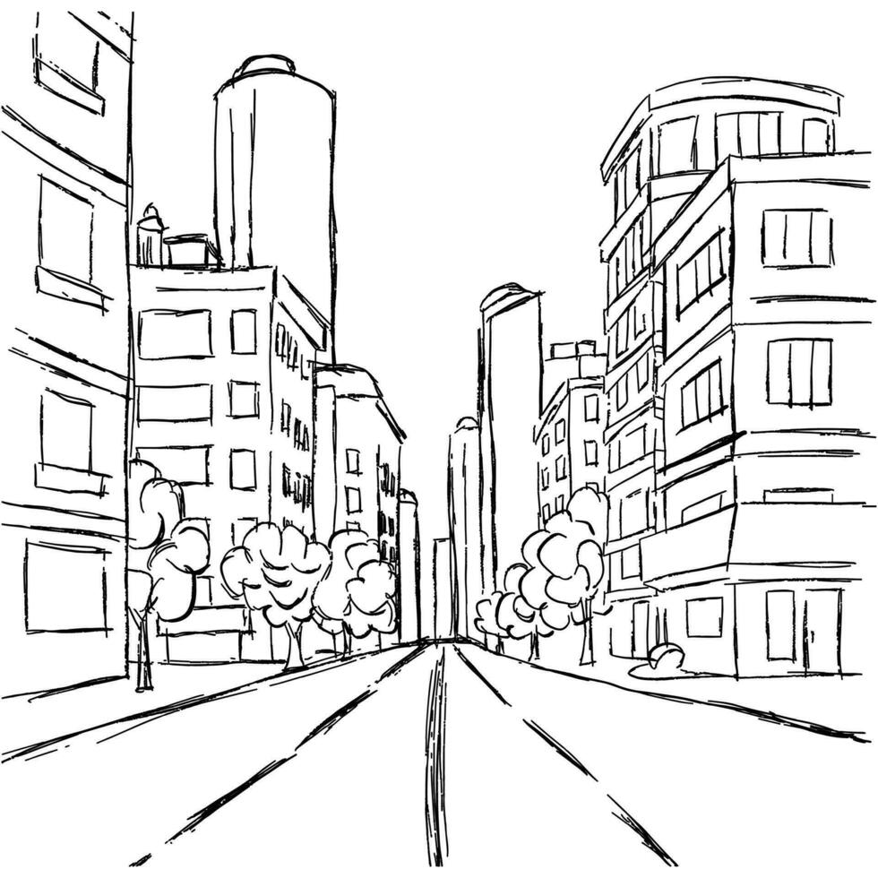 città strada schizzo. mano disegnato grafico strada di città nel nero colore. vettore illustrazione.