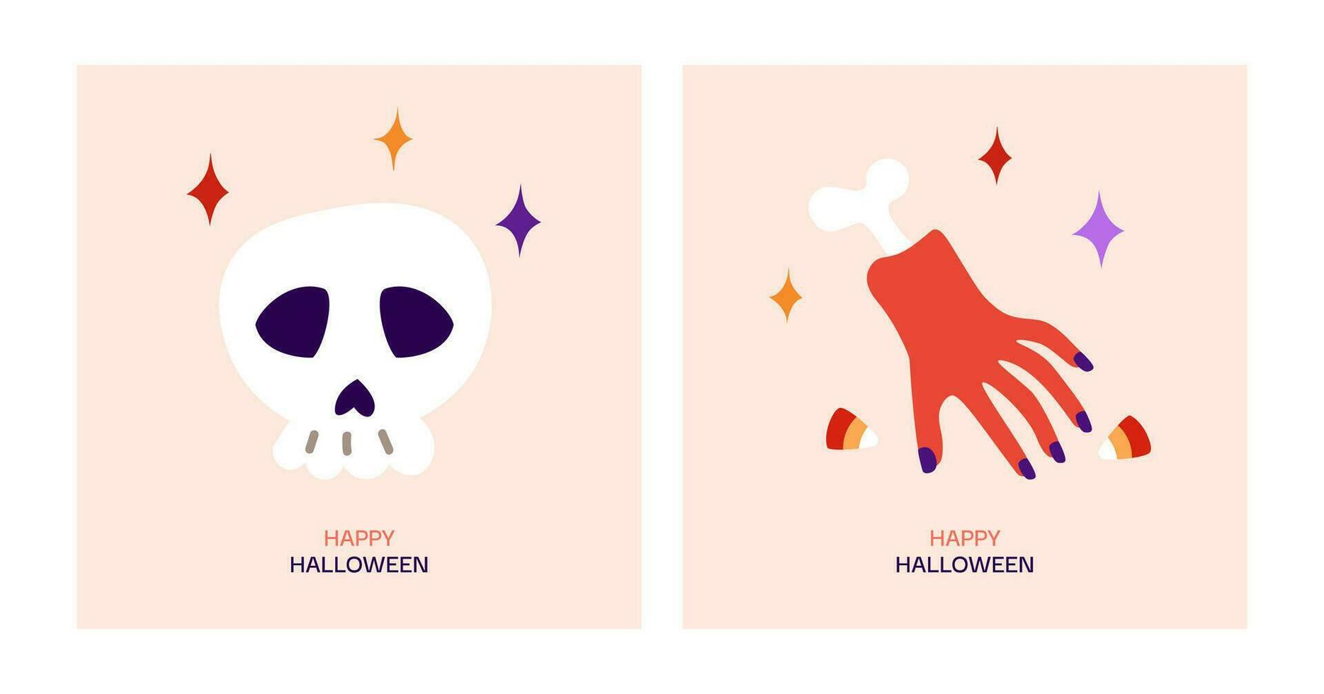 contento Halloween saluto carta. cartone animato vettore illustrazione con carino Magia cranio, mano con osso e stelle.
