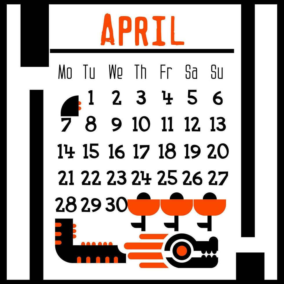 un' piazza calendario pagina per aprile 2024 con un' carino geometrico Drago. isolato su un' bianca sfondo. il simbolo di il anno di il Drago. un' Drago con fiori. vettore illustrazione. nero arancia