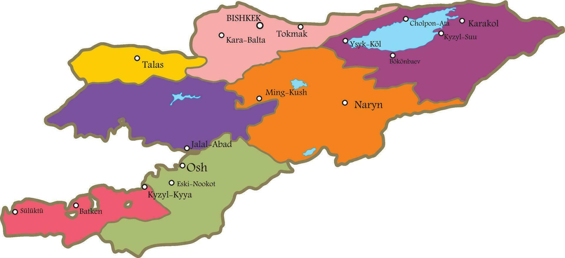 vettore amministrativo carta geografica di Kirghizistan. un' repubblica con regionale frontiere, laghi e grande città. issykkul su il territorio