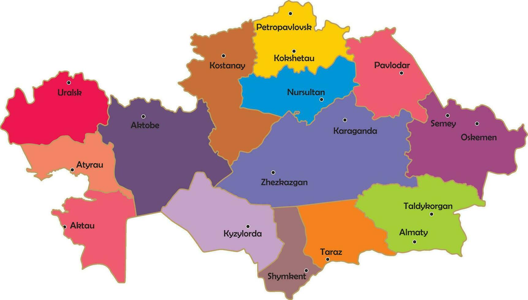 vettore amministrativo carta geografica di kazakistan. colorato nazione. stato con regioni e maggiore città