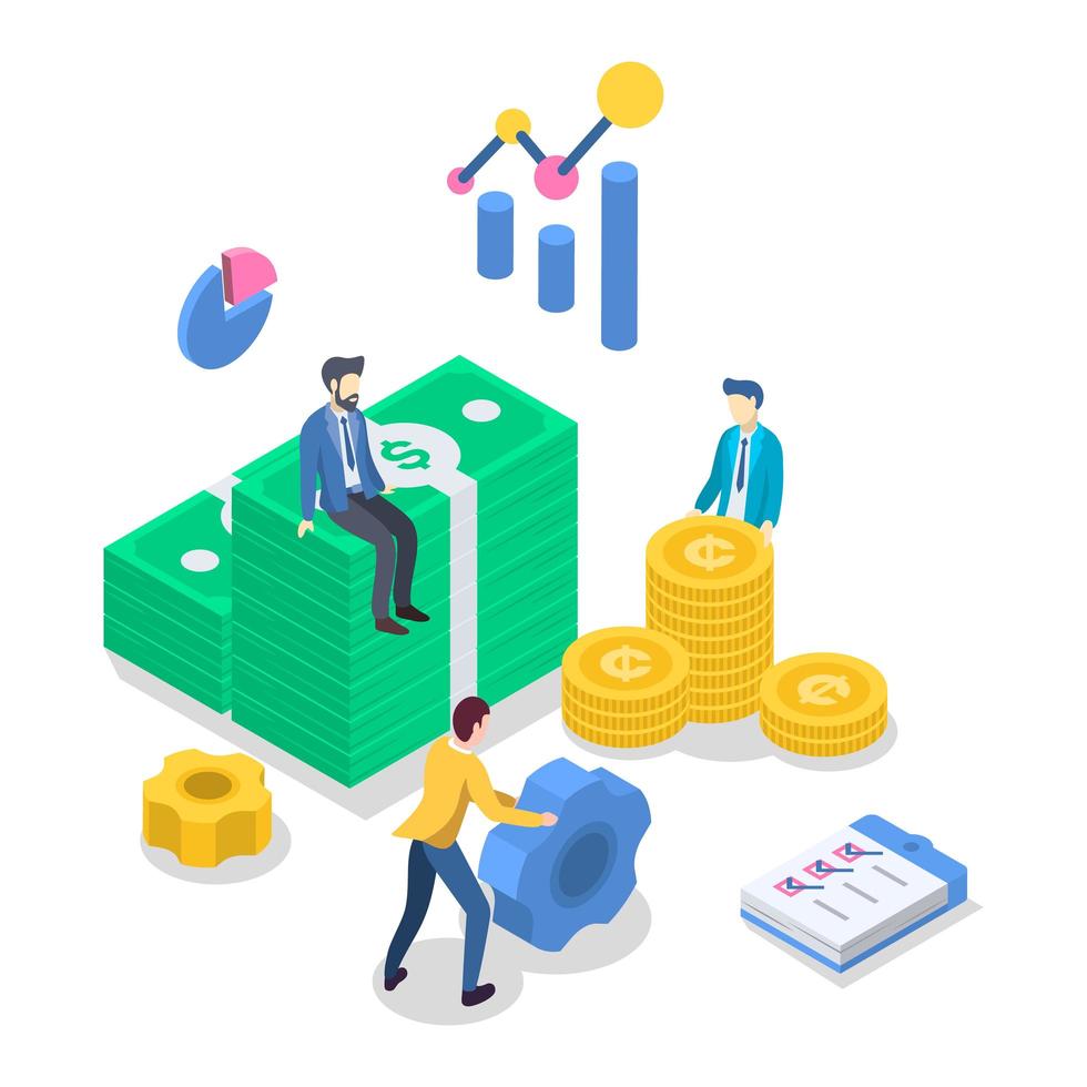 illustrazione vettoriale di contabilità isometrica a colori. revisione finanziaria. gestione del bilancio. strategia d'affari. investimento. bancario. contabilità. persone che contano soldi. concetto 3d isolato su bianco