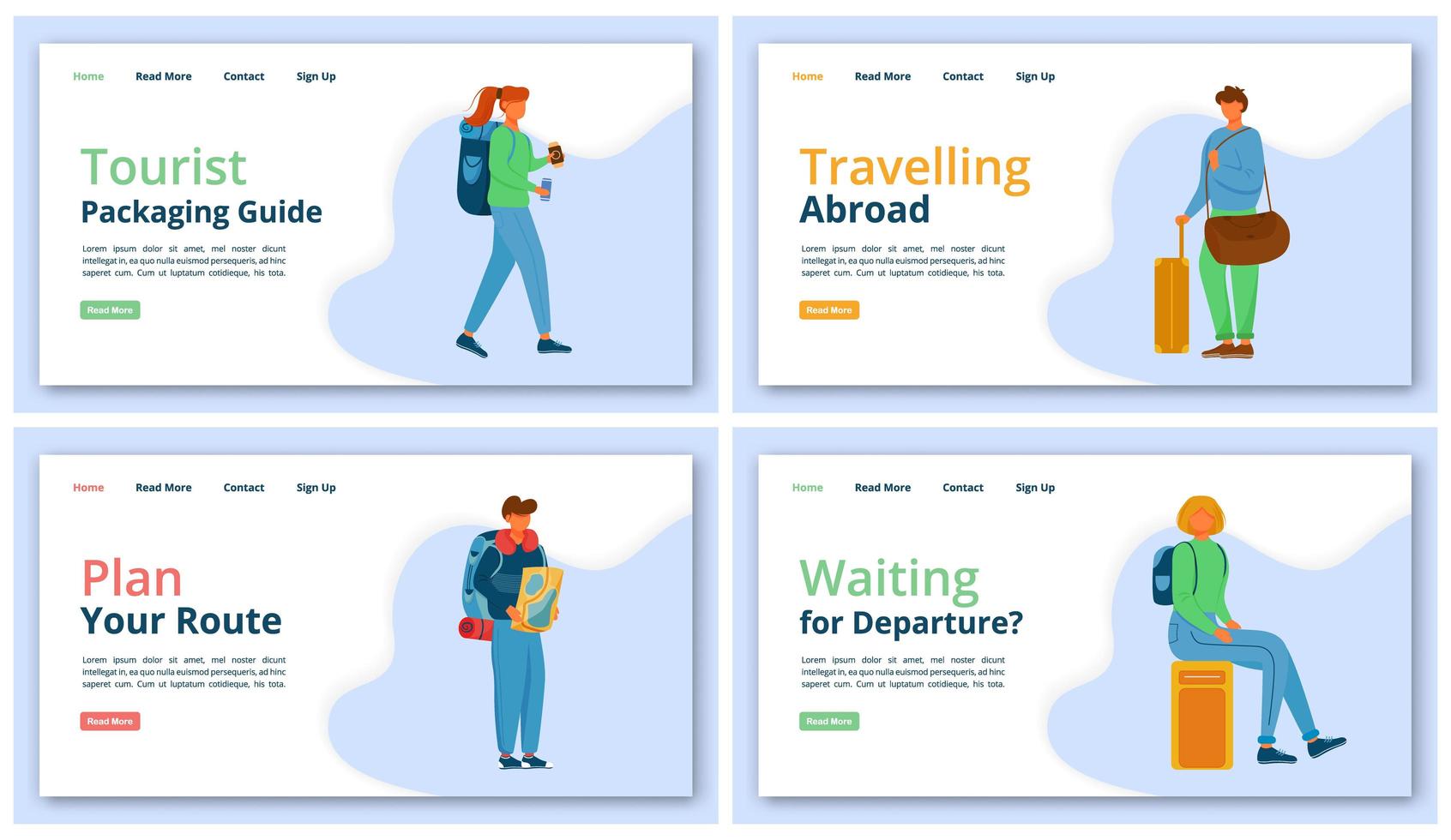 set di modelli vettoriali per la pagina di destinazione dell'agenzia di viaggi. idea dell'interfaccia del sito Web di viaggio di vacanza con illustrazioni piatte. layout della homepage del viaggio di vacanza. banner web turistico, concetto di fumetto di pagina web