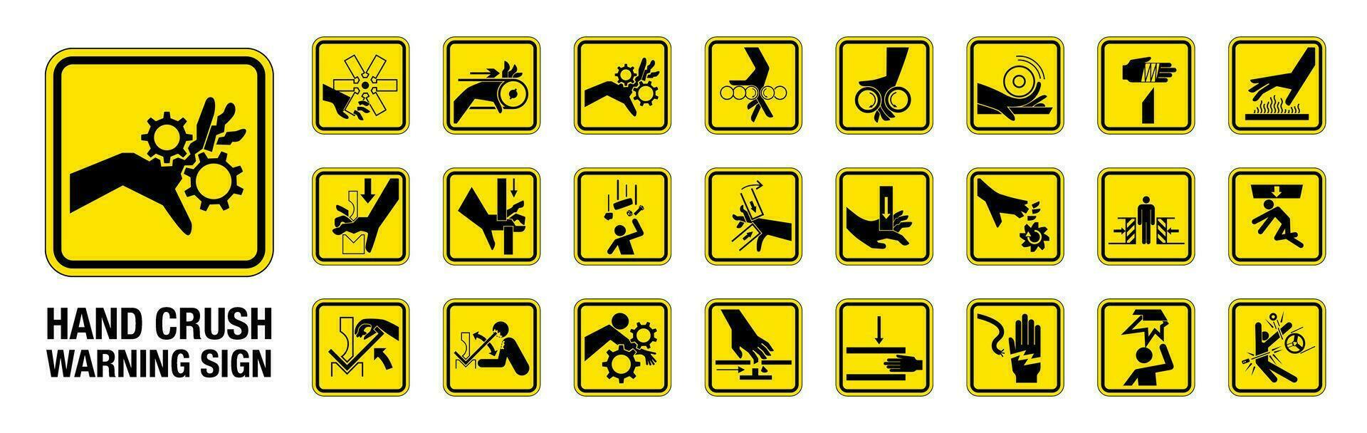 impostato di 24 isolato mano schiacciare vigore pericoloso simboli su giallo il giro piazza tavola avvertimento cartello vettore