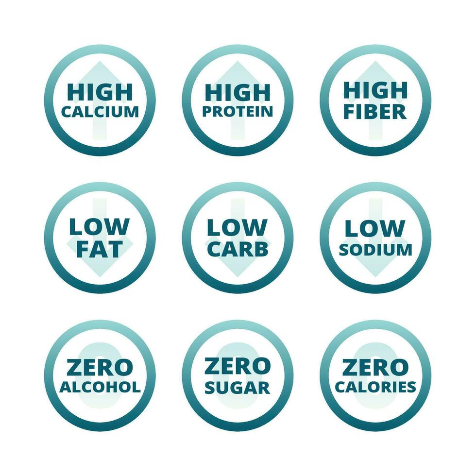 alto calcio, fibra e proteina etichette. Basso Grasso, zero zucchero e Basso sodio vettore etichetta impostare.