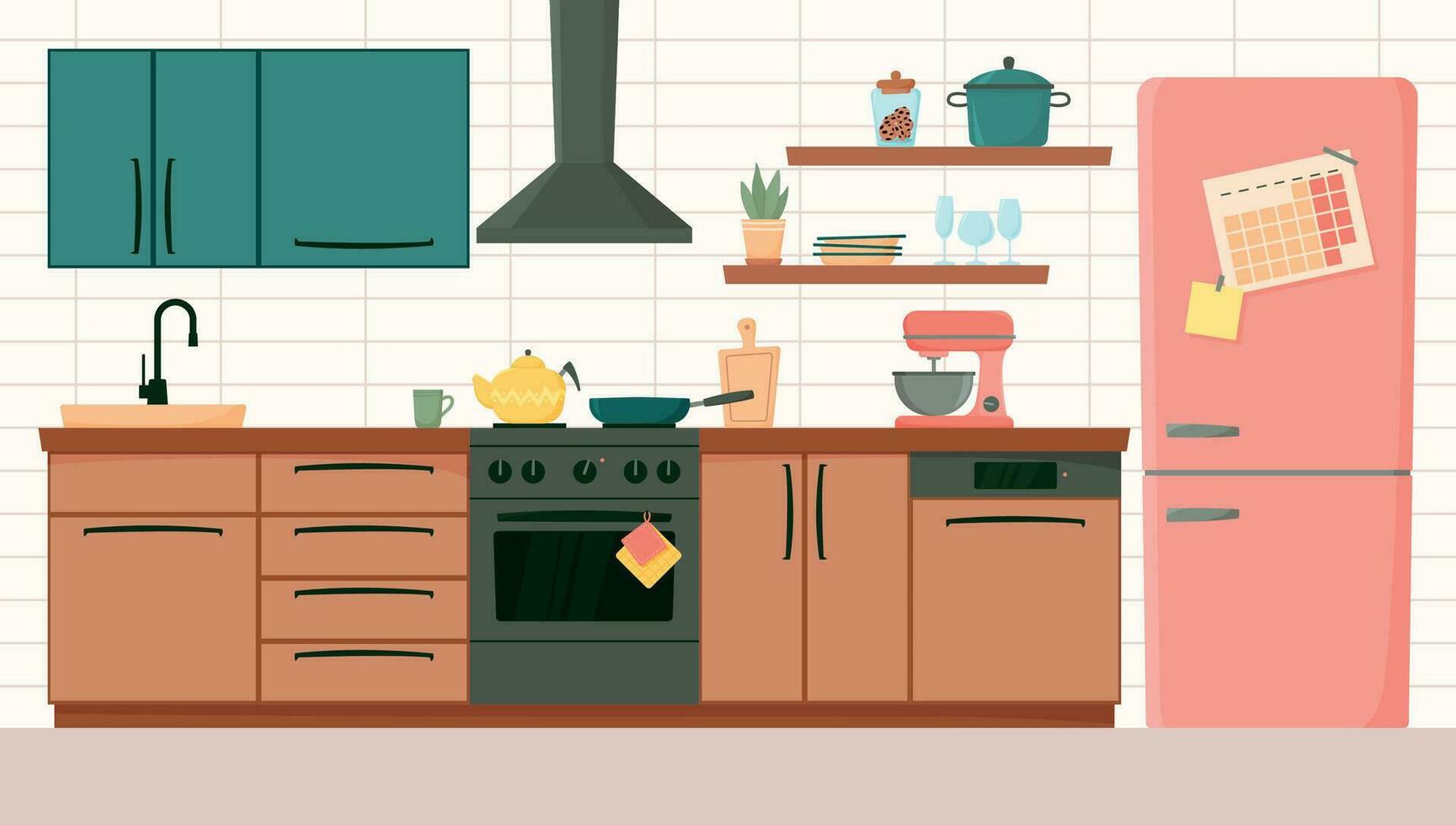 cucina interno con mobilia e elettrodomestici davanti Visualizza. casa cucinando camera con cucina armadietti, frigo, fornello, estrattore cappuccio e utensili da cucina nel piatto stile vettore