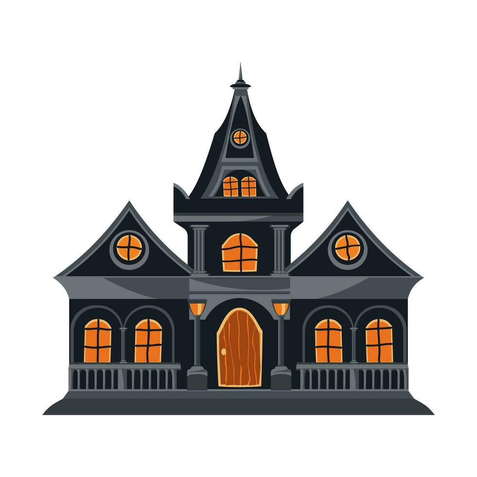 cartone animato abbandonato Casa. un' scuro, infausto Halloween Casa, con un' ha raggiunto il picco tetto e molti finestre. vettore illustrazione.