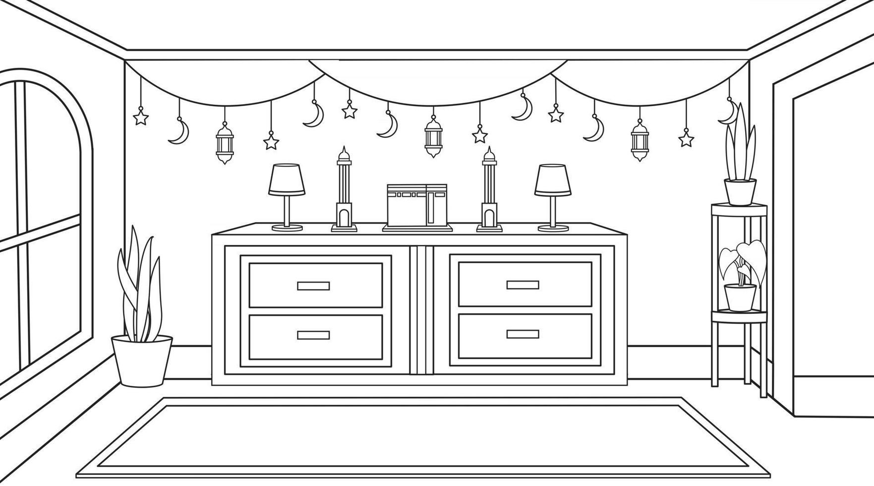 sfondo stanza religiosa musulmana, stanza di preghiera, stanza di lettura al Corano. ramadan ornamento musulmano con piante decorative.illustrazione musulmana di sfondo. vettore