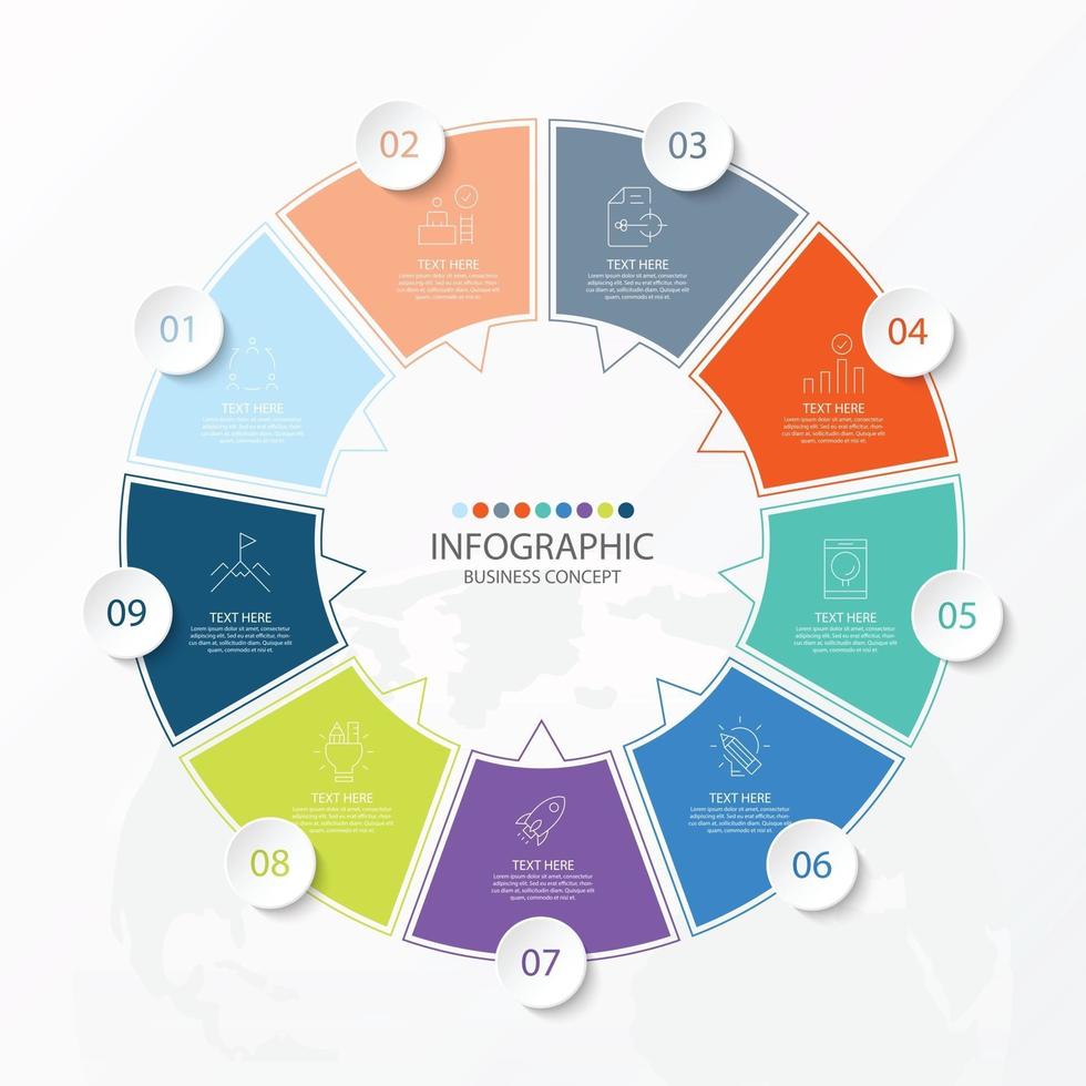 modello di infografica cerchio di base con 9 passaggi, processo o opzioni, diagramma di processo, utilizzato per diagramma di processo, presentazioni, layout del flusso di lavoro, diagramma di flusso, infografo. illustrazione vettoriale eps10.