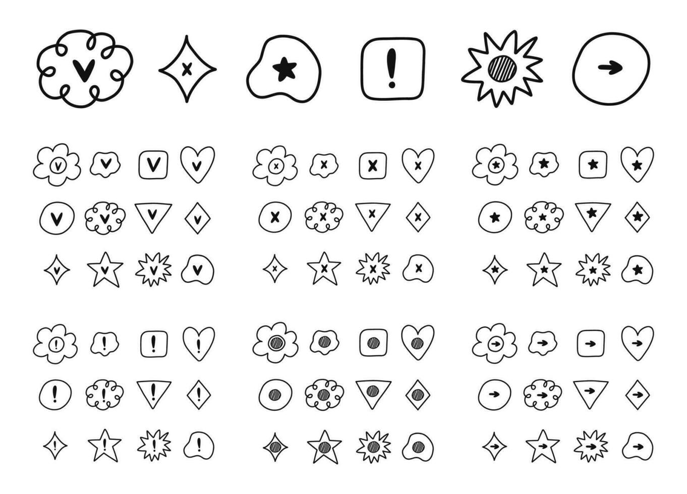 carino mano disegnato dai un'occhiata e attraversare marchio impostato con caselle di controllo nel il forma di fiore, stella, cuore, cerchio, nube. v, X, sì, No, ok, freccia, esclamazione punto, stella cartello per settimanalmente pianificatore, proiettile rivista. vettore