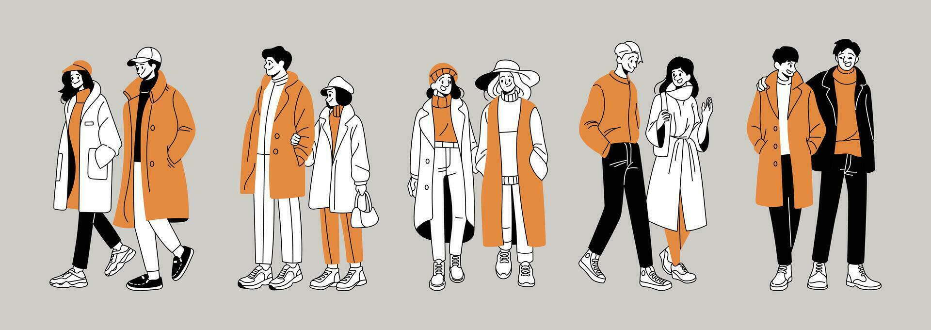 coppia amante nel autunno moda nel minimo stile vettore illustrazione impostato