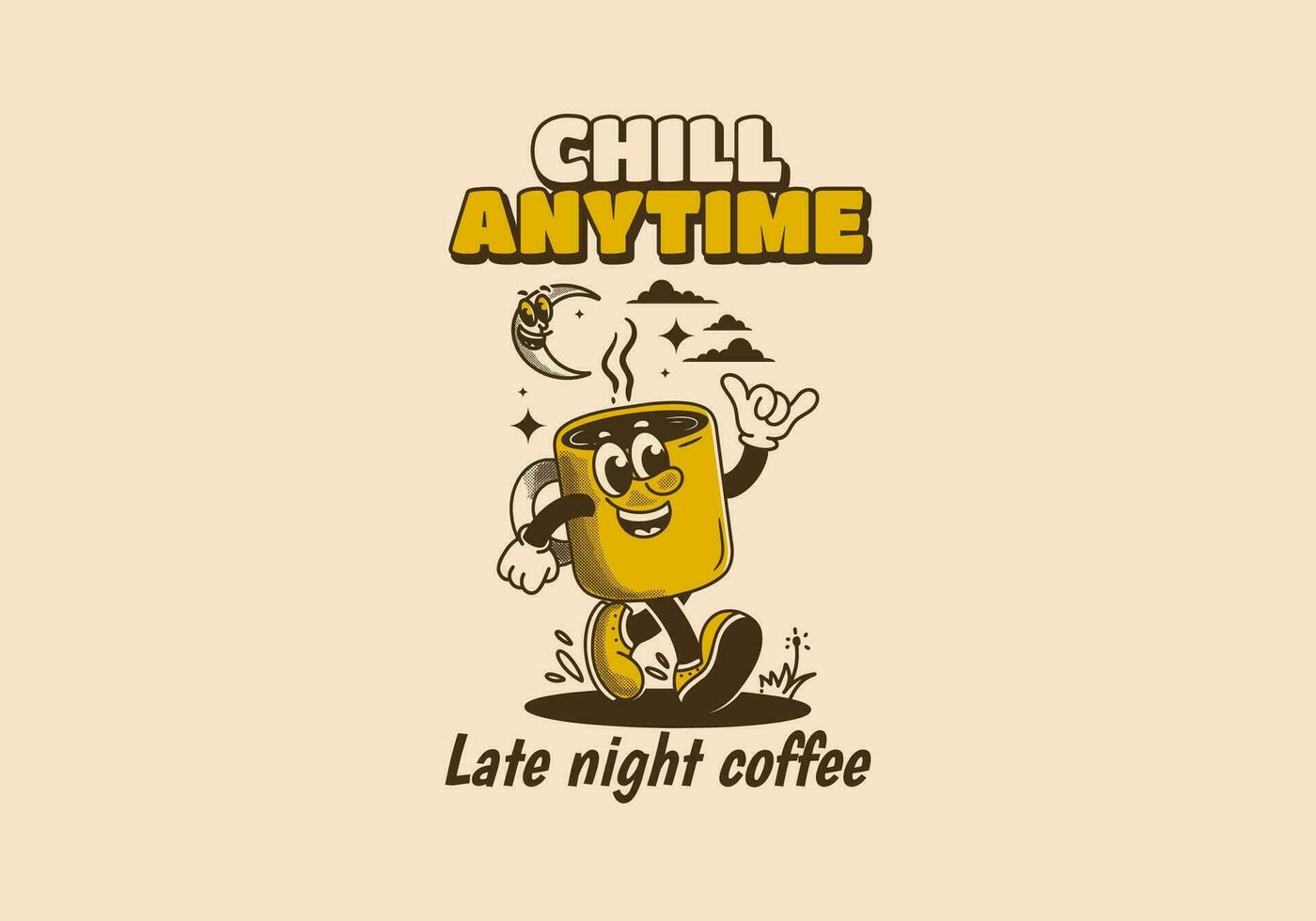 freddo in qualsiasi momento, in ritardo notte caffè. portafortuna personaggio illustrazione di a piedi caffè boccale vettore