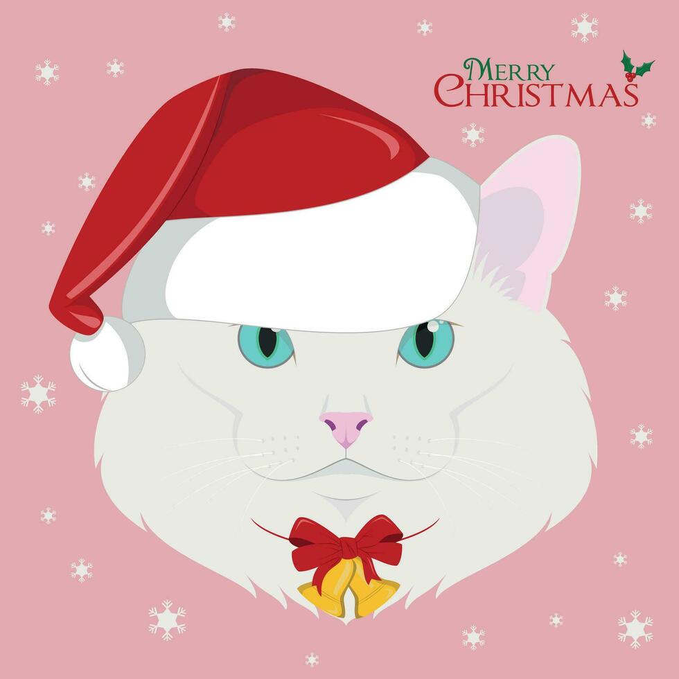 Natale saluto carta. Turco angora gatto con rosso Babbo Natale cappello e un' Natale ornamento vettore