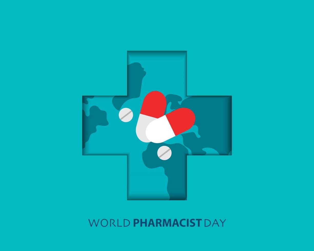 giornata mondiale del farmacista con farmaco e mappa vettoriale