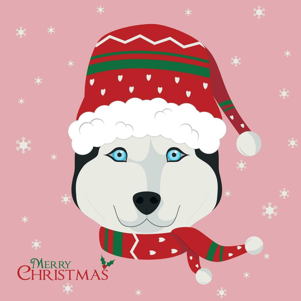 Natale saluto carta. siberiano rauco cane indossare un' sciarpa e un' di lana berretto per inverno vettore