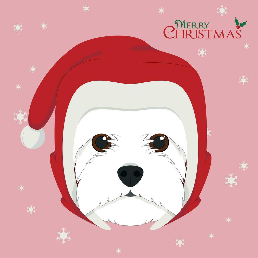 Natale saluto carta. ovest montanaro bianca terrier cane con rosso Babbo Natale cappello vettore