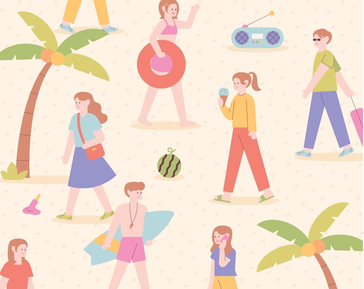 persone che camminano sulla spiaggia sabbiosa con palme. stile design piatto minimo illustrazione vettoriale. vettore