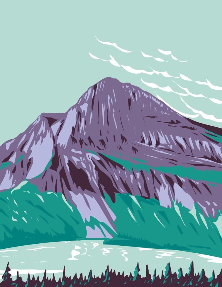 lago nascosto con la montagna bearhat sullo sfondo situato nel parco nazionale del ghiacciaio montana usa wpa poster art vettore
