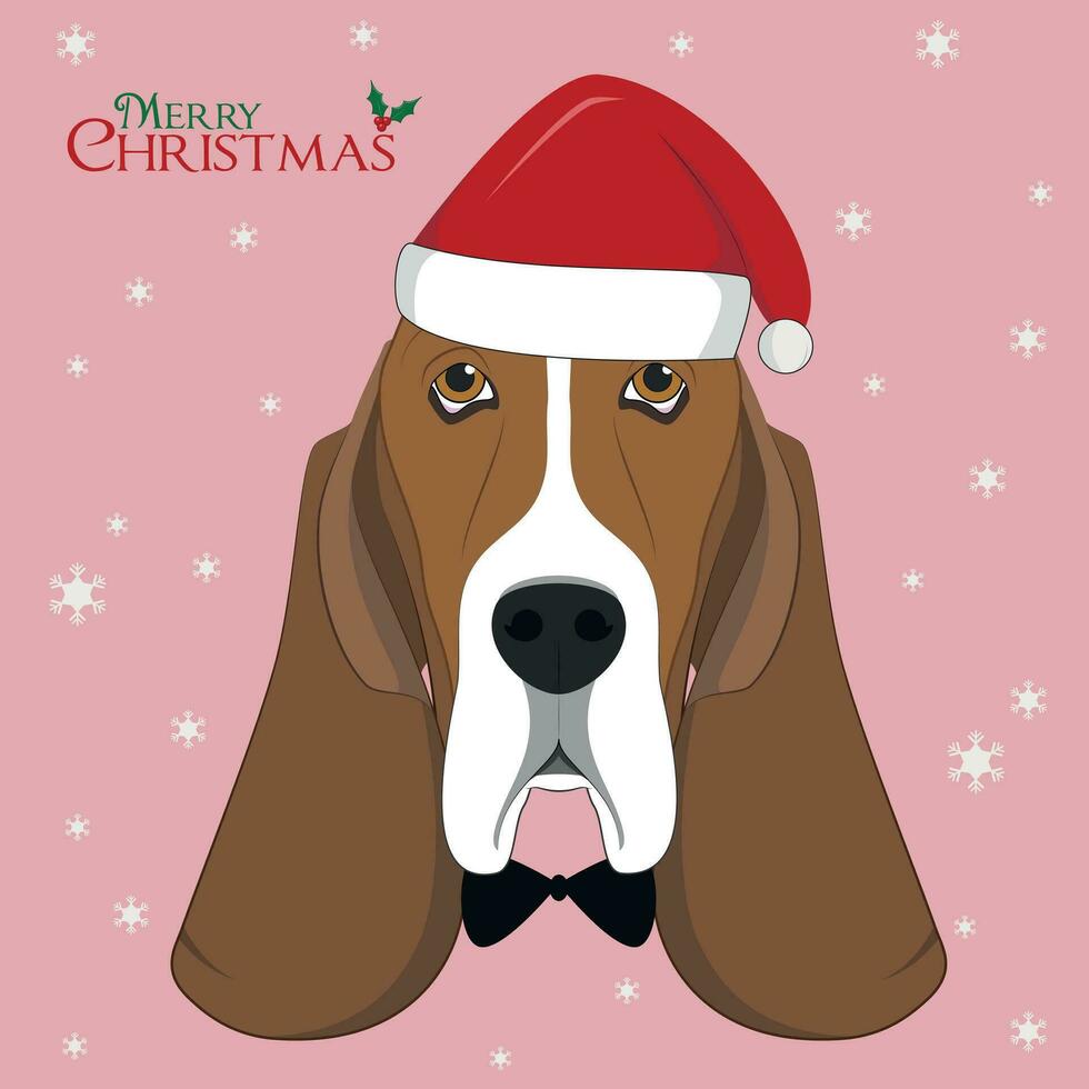 Natale saluto carta. bassetto cane da caccia cane con rosso Babbo Natale cappello e arco cravatta vettore