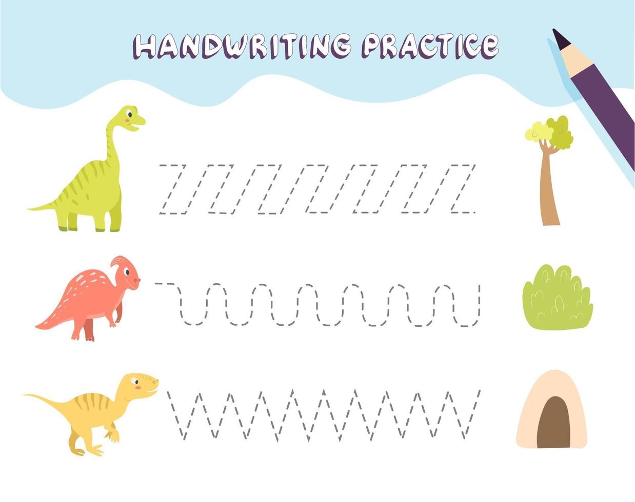 pratica della scrittura a mano per bambini in età prescolare. tracciando linee con dinosauri colorati. gioco educativo per bambini. foglio di lavoro per bambini vettore