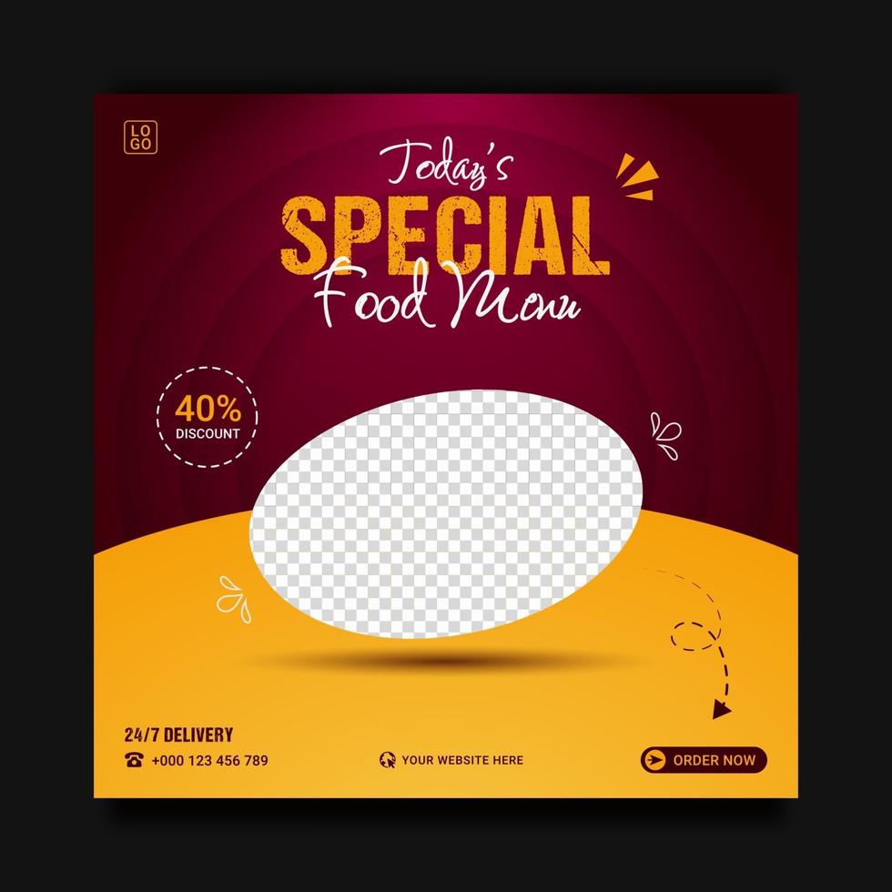 modello di banner social media di promozione del menu di cibo speciale moderno, sfondo di vendita e sconto. illustrazione vettoriale. vettore