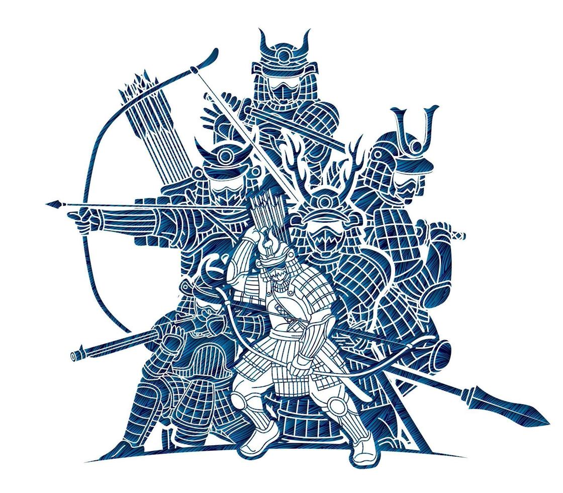 silhouette gruppo di guerrieri samurai con azione di armi vettore