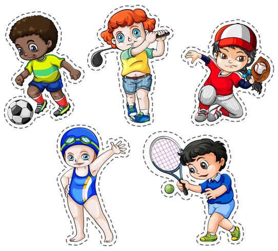 Set di adesivi di bambini che praticano sport vettore