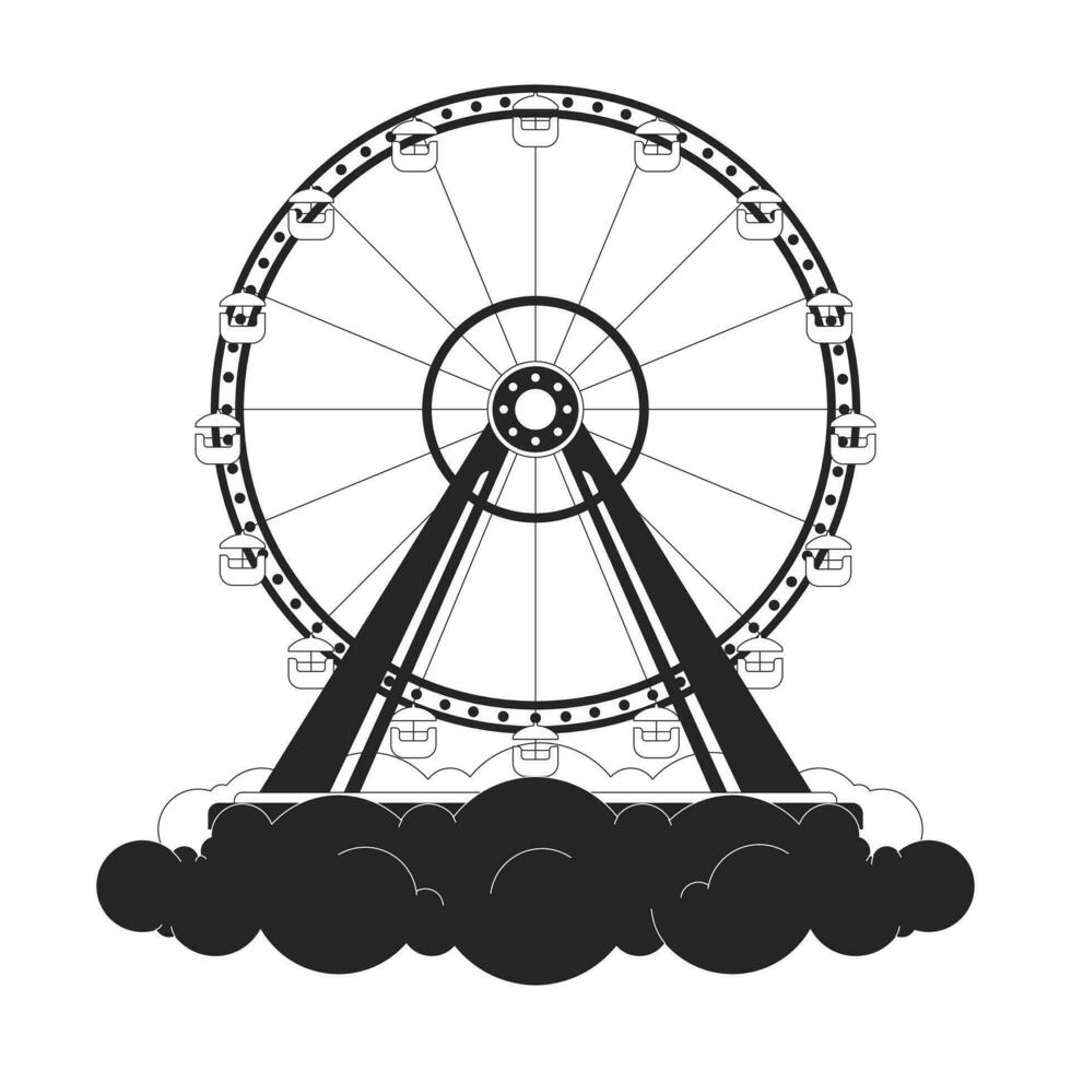 Ferris ruota sopra nuvole nero e bianca 2d illustrazione concetto. parco divertimento Cloudscape cartone animato schema oggetto isolato su bianca. luna park cavalcata su Paradiso cielo metafora monocromatico vettore arte