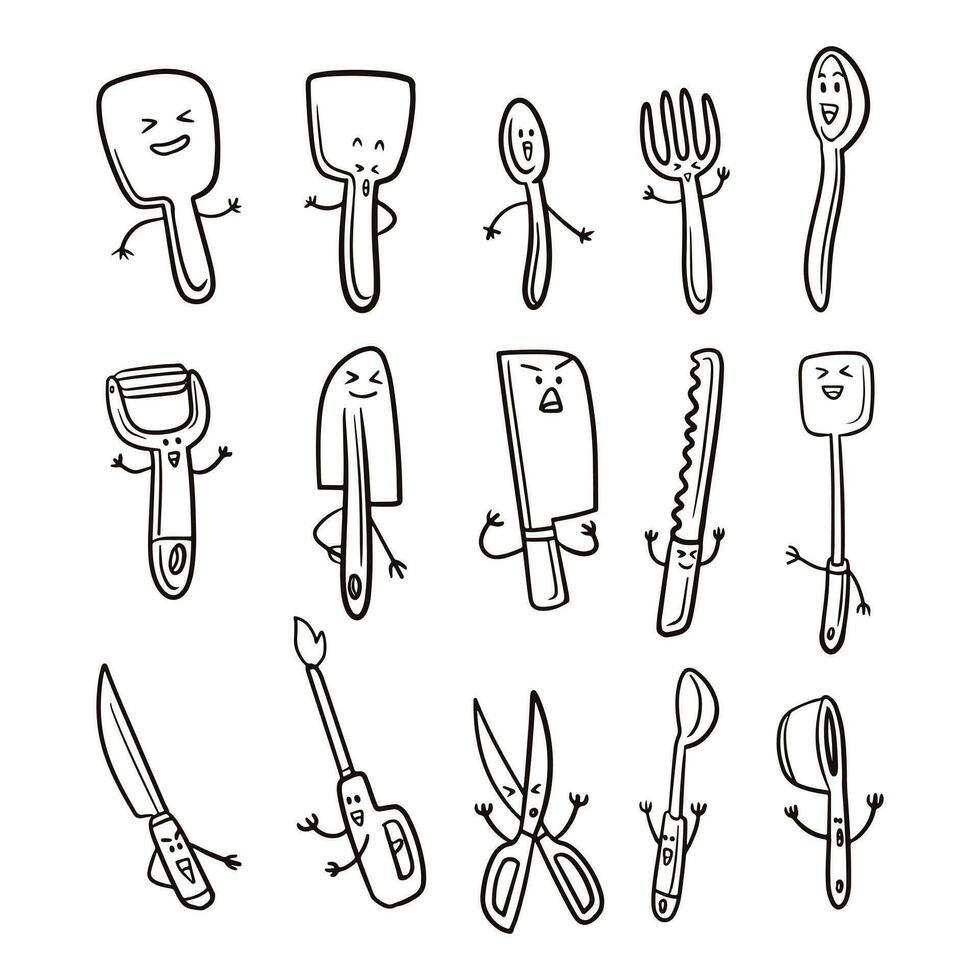 scarabocchio temi di cucina utensili, cucchiai, forchette, coltelli, partite, mestoli, forbici e altri vettore