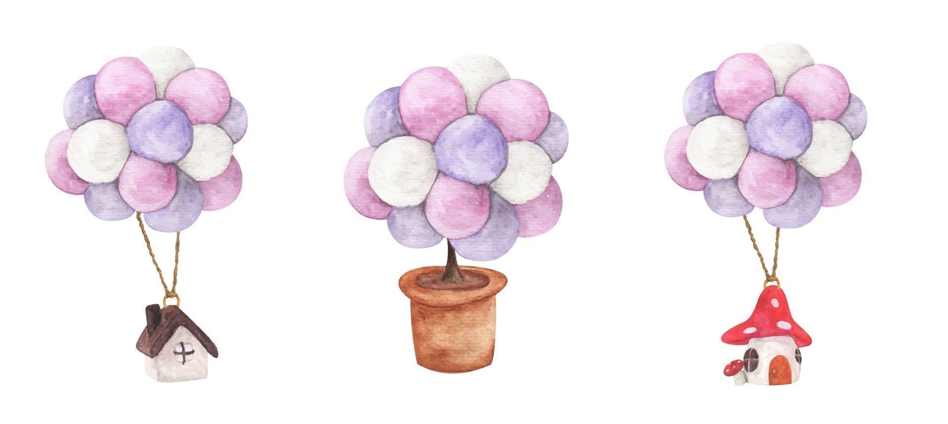 set di casa appesa con palloncino colorato e albero in vaso. illustrazioni ad acquerello. vettore
