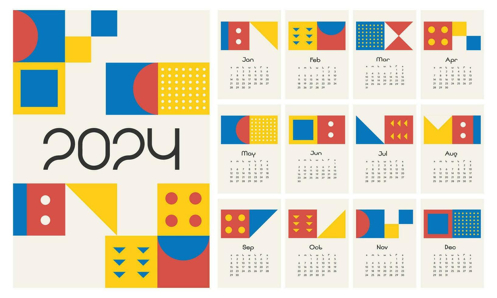 mensile calendario per 2024. bauhaus stile calendario. il settimana inizia su domenica. vettore