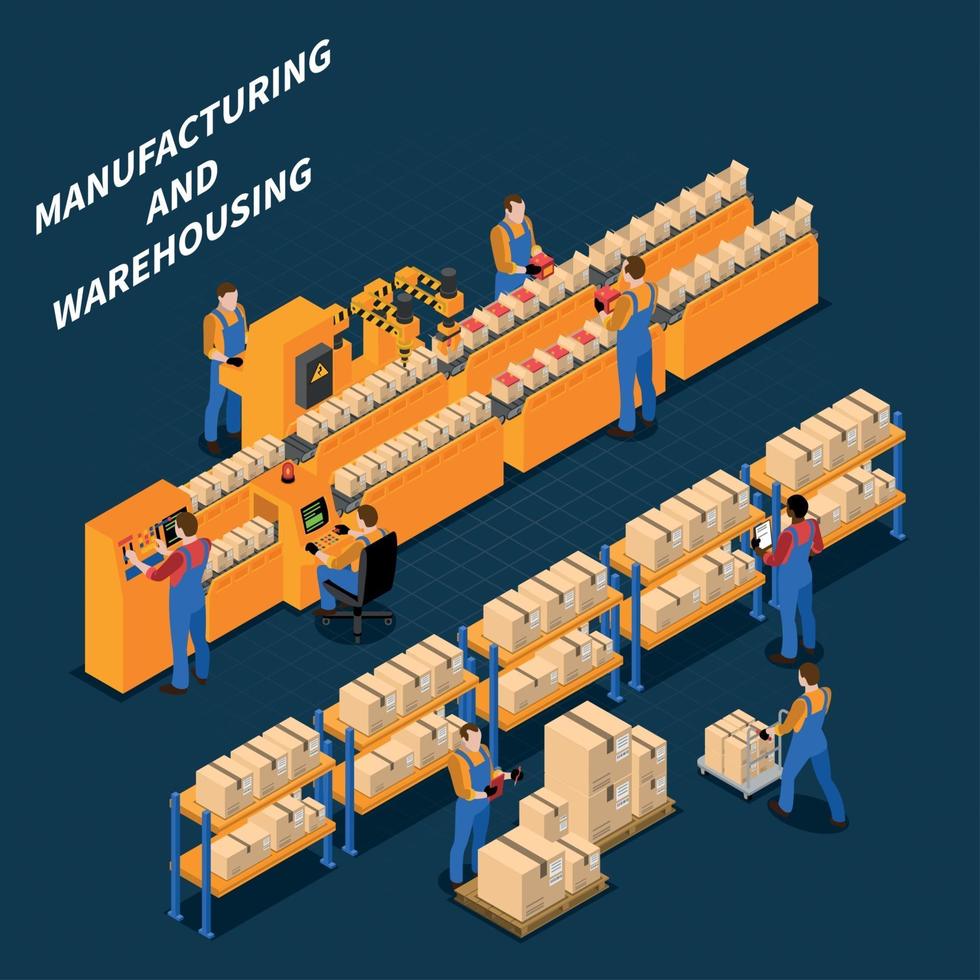 illustrazione vettoriale di composizione isometrica del magazzino di produzione